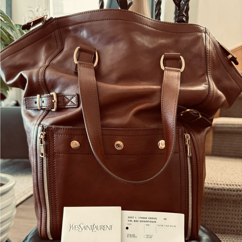 YSL Saint Laurent Downtown Leather Tote Bag Brown